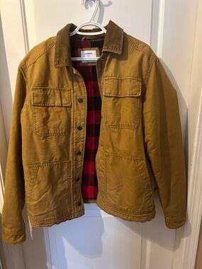 Old Navy Men's Mustard Brown Field Jacket with Red Plaid Lining